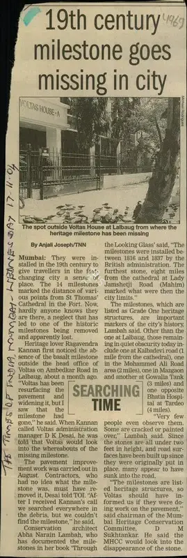 Anjali Joseph (Reporter), 19th Century Milestone Goes Missing in City, 2004, Newspaper Clipping