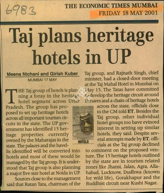 Meena Nichani (Reporter), Taj Plans Heritage Hotels in UP, 2001, Newspaper Clipping
