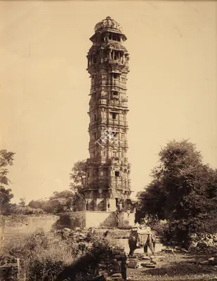 Lala Deen Dayal (Photographer), Tower of Victory in Chittorgarh Fort, Rajasthan, 1880, Antiquarian Photograph