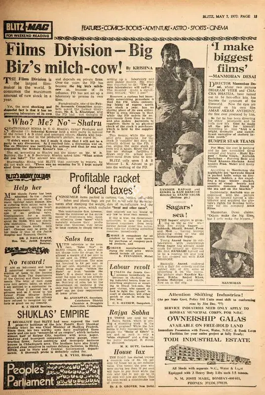 Manmohan Desai (Essayist), I Make Biggest Films', 1977, Film Review