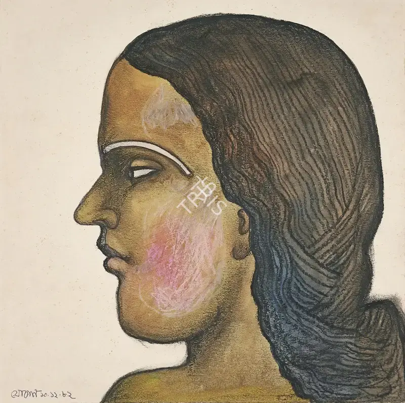 Jogen Chowdhury (Artist), Head of a Girl, 1982, Painting
