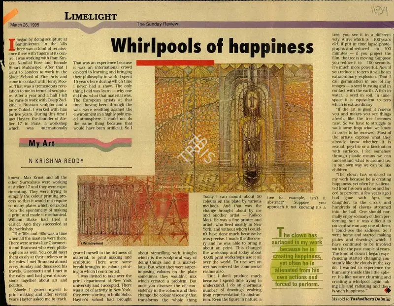 Yashodhara Dalmia (Reporter), Whirlpools of Happiness, 1995, Newspaper Clipping