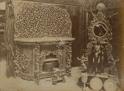 Shew Shankar Narayan (Photographer), Carved Wood Sideboard and Stand for a Gong - Burmese Court, 1883, Antiquarian Photograph