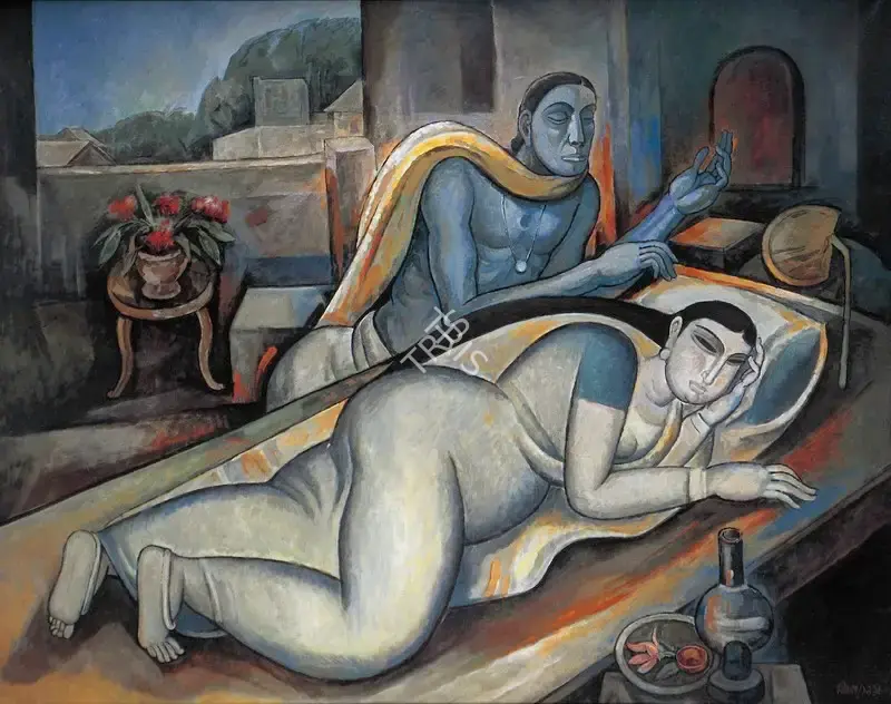Bijon Choudhury (Artist), Man with Sleeping Woman, 1996, Painting