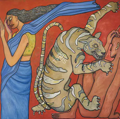 Chowdhury, Jogen (Artist). The Blue Sari, 1995 | Painting, Pu.Mum/24.02.22, 2022 · Pundole