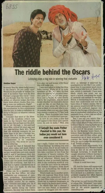 Shekhar Kapur (Reporter), The Riddle Behind the Oscars, 2005, Newspaper Clipping