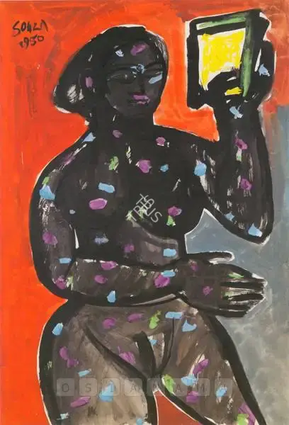 F.N. Souza (Artist), Untitled (Standing Nude Holding Mirror), 1950, Painting