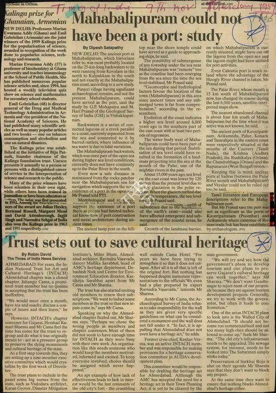 Dipesh Satapathy (Reporter), Mahabalipuram could not have been a port: study, 1999, Newspaper Clipping