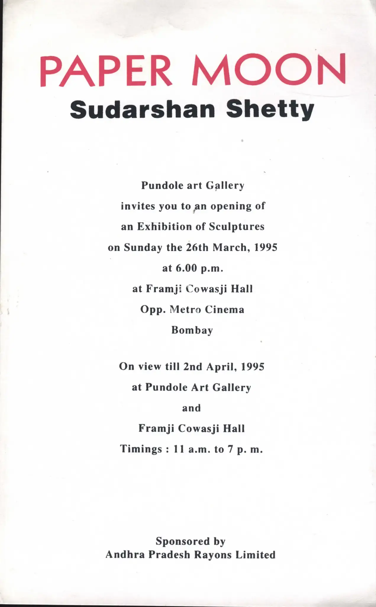 Sudarshan Shetty (Artist), Paper Moon, 1995, Solo Exhibition Invitation