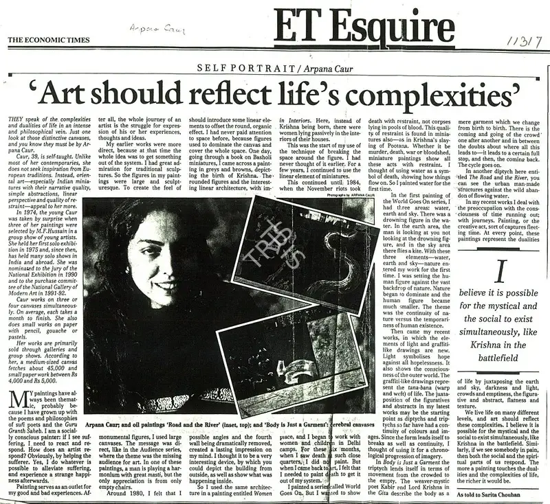Arpana Caur (Writer), Art Should Reflect Life's Complexities', Newspaper Clipping