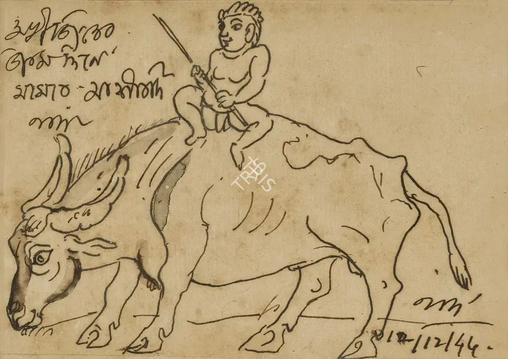 Nandalal Bose (Artist), Boy On Buffalo, 1944, Drawing