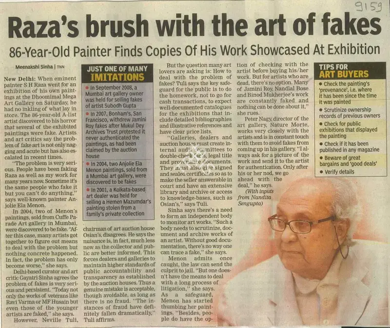 Meenakshi Sinha (Reporter), Raza's Brush With the Art of Fakes, 2009, Newspaper Clipping