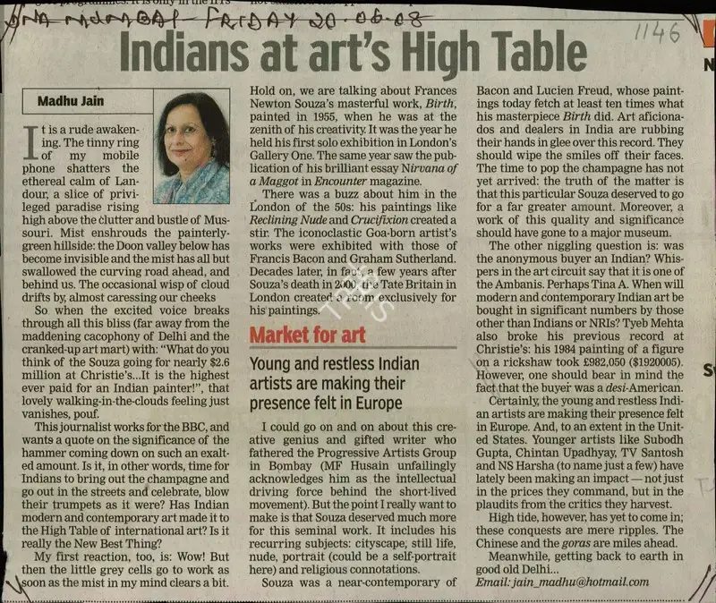 Madhu Jain (Reporter), Indians at Art's High Table, 2008, Newspaper Clipping