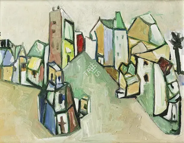 S.K. Bakre (Artist), Untitled (Cubist Landscape), 1962, Painting