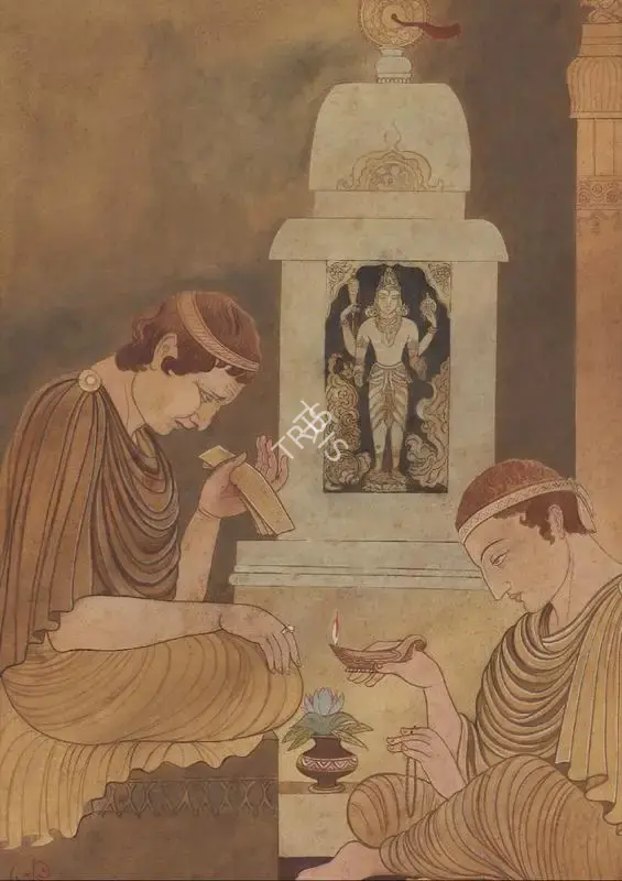 A.K. Haldar (Artist), Conversion of Greek Heliodoros to the Hindu religion of Vaishnavism, 1952, Painting