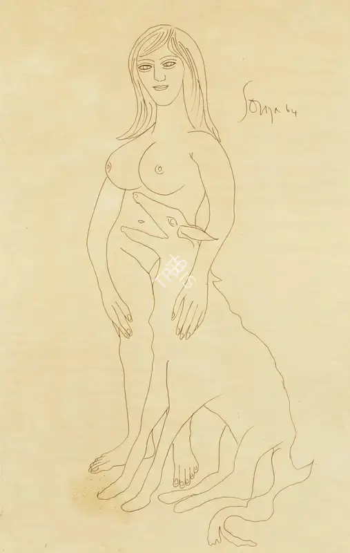 F.N. Souza (Artist), Untitled (Nude with Dog), 1964, Drawing