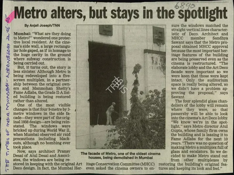 Anjali Joseph (Reporter), Metro Alters, but stays in the Spotlight, 2005, Newspaper Clipping