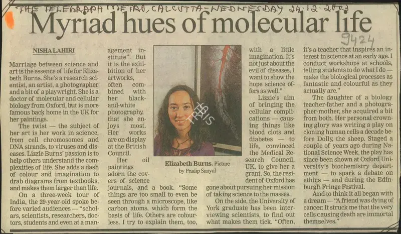 Nisha Lahiri (Reporter), Myriad Hues of Molecular Life, 2003, Newspaper Clipping