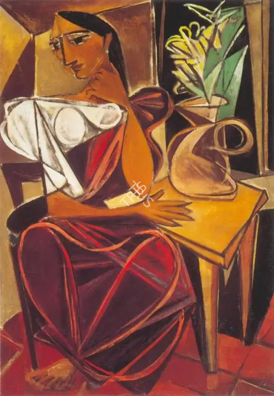 Keyt, George (Artist). Seated Woman with Flowers, 1946 | Painting, So.Lon/08.05.97, 1946