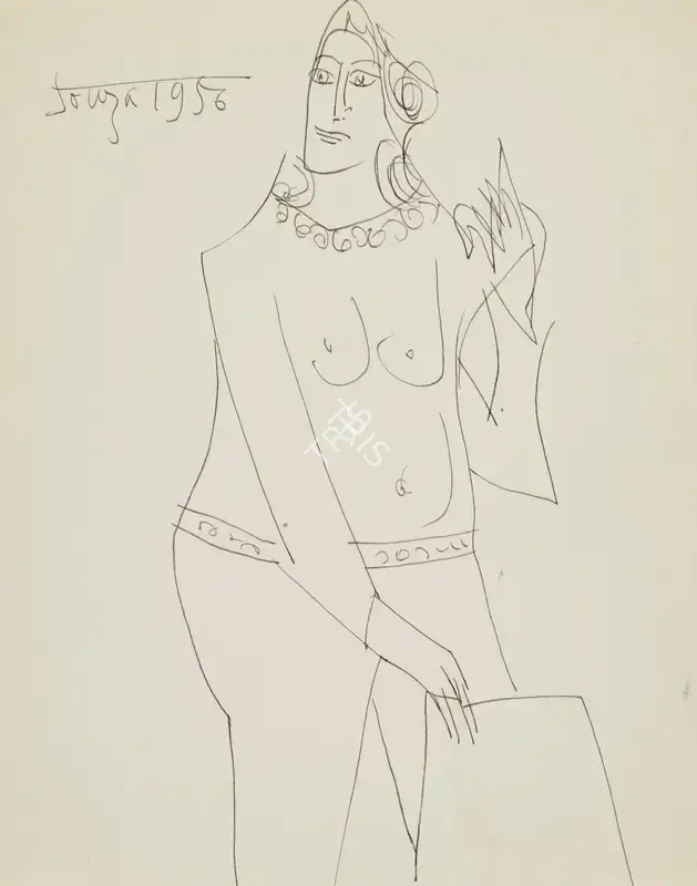 F.N. Souza (Artist), Untitled (Standing Nude with Jewels), 1956, Drawing