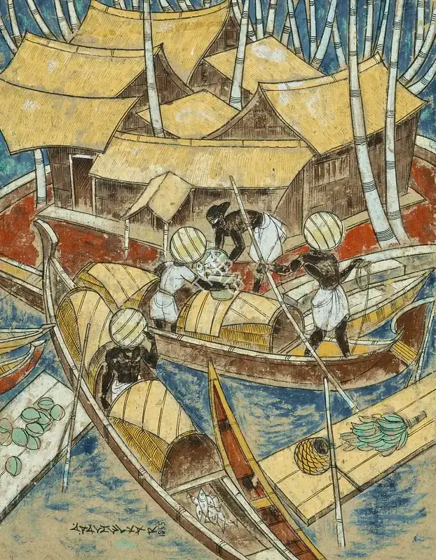 A.A. Almelkar (Artist), Untitled (Fishermen), 1955, Painting
