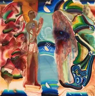 G.M. Sheikh (Artist), Vasl (Meeting of the Lovers) Collaborative work with Nilima Sheikh, 1999, Painting