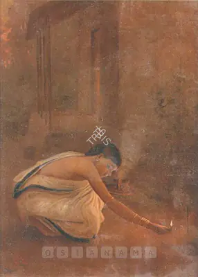 Jogesh Chandra Seal (Artist), Lady Lighting A Diya, 1921, Painting