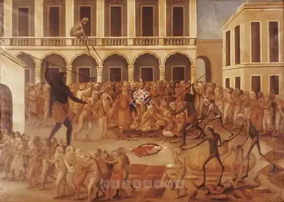 Motilal Pal (Artist), Shiva & Devotees Stop Sati Puja, 1922, Painting