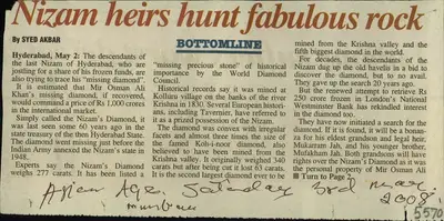 Syed Akbar (Reporter), Nizam Heirs Hunt Fabulous Rock, 2008, Newspaper Clipping