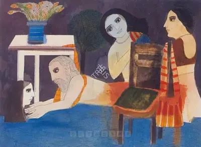 Badri Narayan (Artist), The Artist's Chair And Other Characters, 1997, Painting
