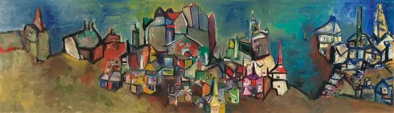 Bakre, S.K. (Artist). Untitled (Cityscape), 1963 | Painting, Ch.Lon/12.06.18, 2018 · Christie's