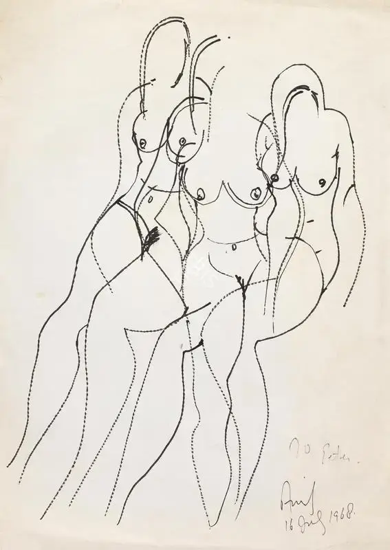 Avinash Chandra (Artist), Untitled (Three female figures), 1968, Drawing