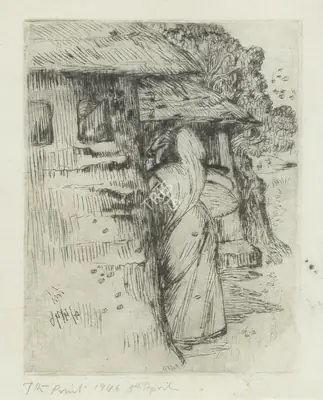 Nandalal Bose (Artist), Untitled (Woman with Huts), 1946, Print