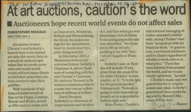 Christopher Michaud (Reporter), At Art Auctions, Caution's The Word, 2003, Newspaper Clipping