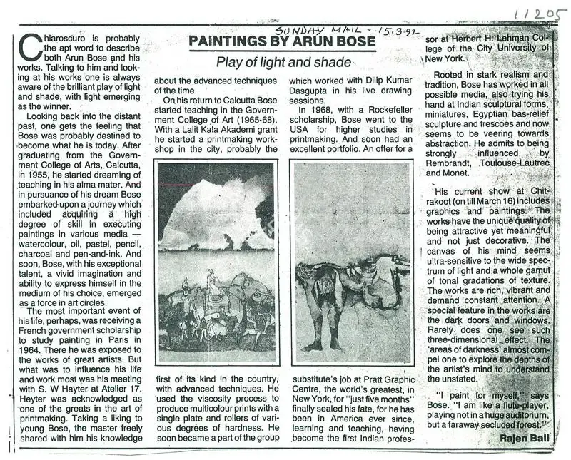 Rajesh Bali (Writer), Paintings By Arun Bose Play of Light and Shade, 1992, Newspaper clipping