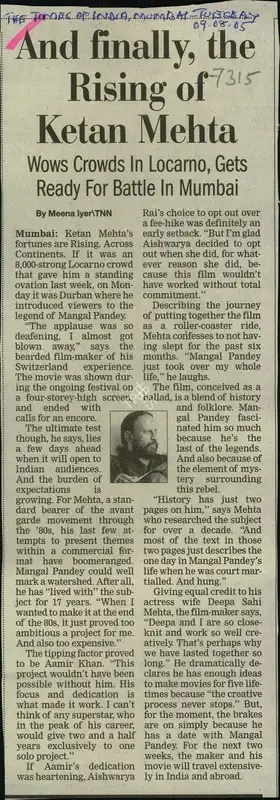 Meena Lyer (Reporter), And Finally, the Rising of Ketan Mehta, 2005, Newspaper Clipping