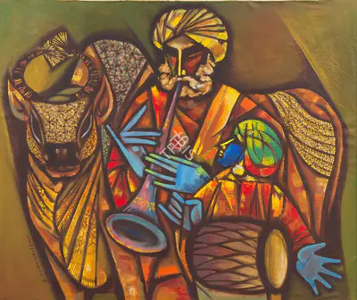 V. Rajendra (Artist), Untitled (Man with Bull), 1969, Painting