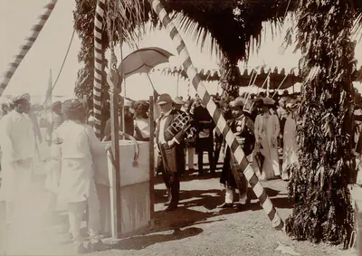 Studio Bourne & Shepherd (Photographic Studio), His Excellency Sir George Sydenham Clarke. G.C.I.E., Governer of Bombay, laying the foundation stone of the Silver Jubliee Memorial institude at Gondal, 1909, Antiquarian Photograph