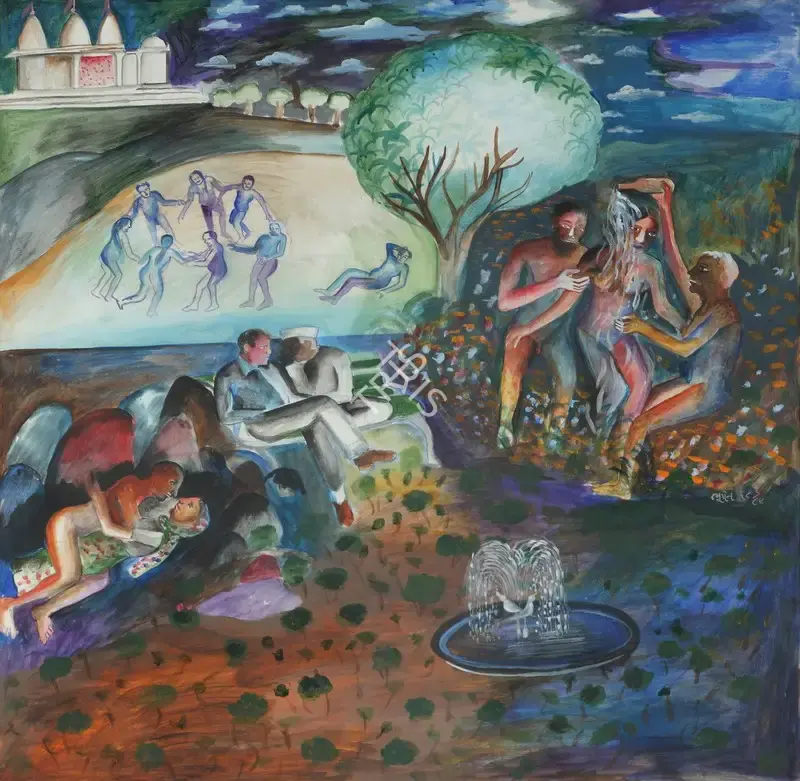 Khakhar, Bhupen (Artist). Sakhis in Vrindavan, 1989 | Painting, So.NeY/26.03.26, 2026 · Sotheby's