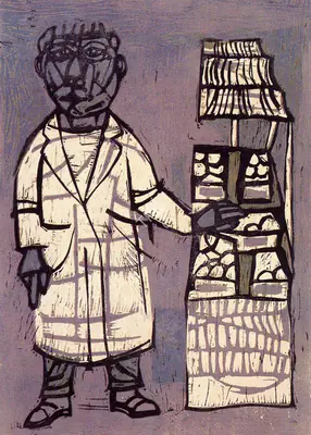 Subramanyan, K.G. (Artist). Man with Fruit Cart. Colour Linocut, 1956 | K.G. Subramanyan, 2003 | Graphic Art | FineArts | 00566323