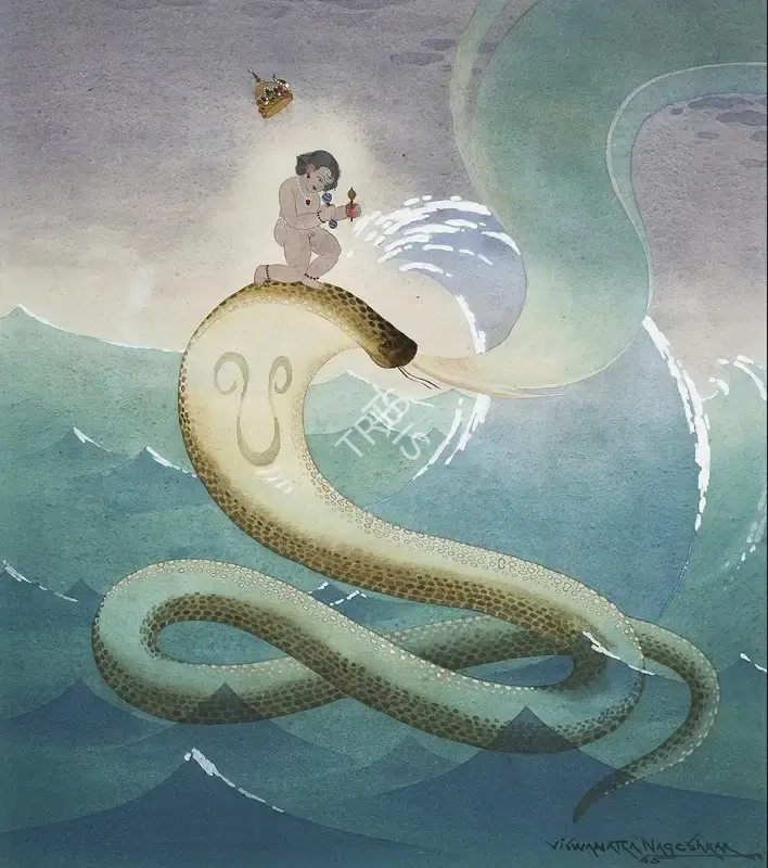 Vishwanath Nageshkar (Artist), Untitled(Krishna on Sheshnag), 1945, Painting