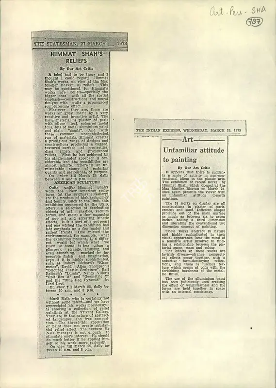 Himmat Shah's Reliefs, 1973, Newspaper Clipping