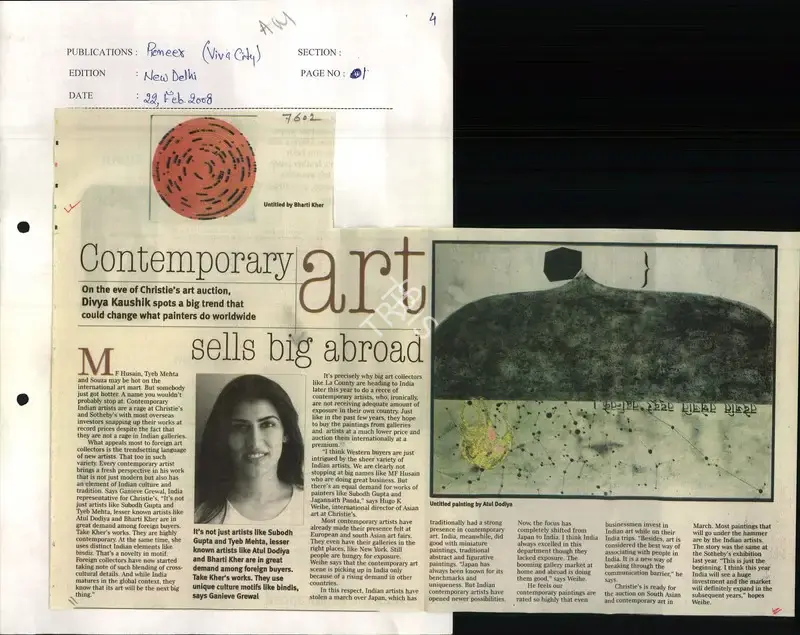 Divya Kaushik (Reporter), Contemporary Art Sells Big Abroad, 2008, Newspaper Clipping