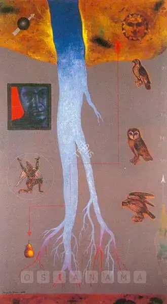 Baiju Parthan (Artist), River, Birdscape, Man (Ignorance Is Strength/Bliss), 2000, Painting