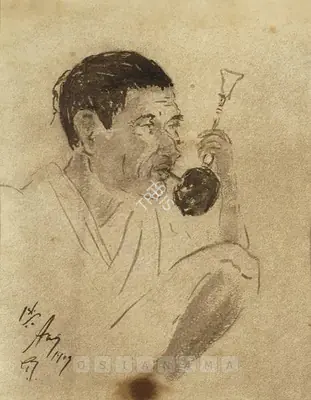 Gaganendranath Tagore (Artist), Man With Hookah, 1909, Graphic Art