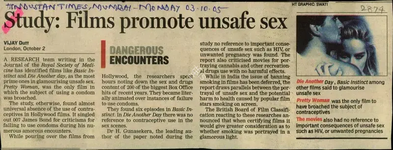 Vijay Dutt (Reporter), Study: Films Promote Unsafe Sex, 2005, Newspaper Clipping