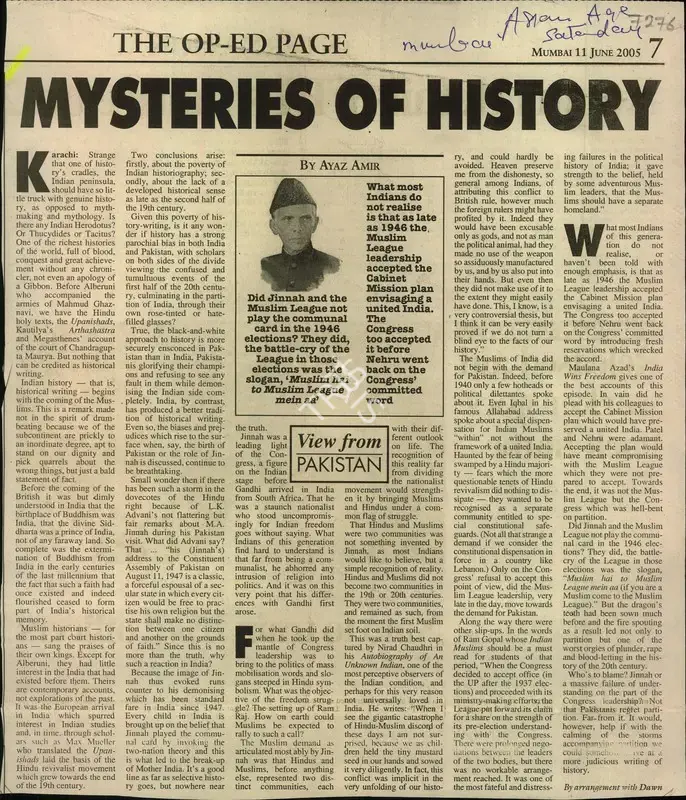 Ayaz Amir (Reporter), Mysteries of History, 2005, Newspaper Clipping