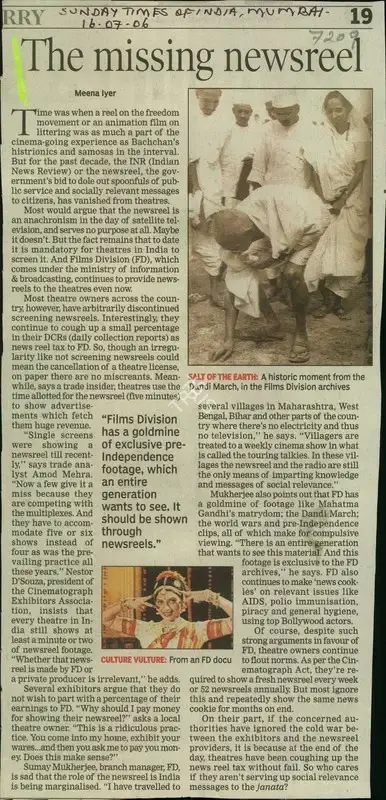 Meena Lyer (Reporter), The Missing Newsreel, 2006, Newspaper Clipping