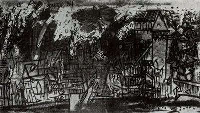 F.N. Souza (Artist), Landscape in Red, Painting