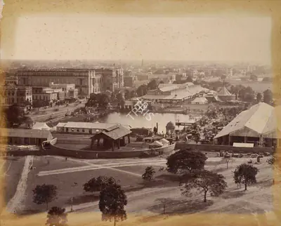 Shew Shankar Narayan (Photographer), Bird's Eye View of the Calcutta International Exhibition and Chowringhee Road taken from the Octerlony Monument, 1883, Antiquarian Photograph